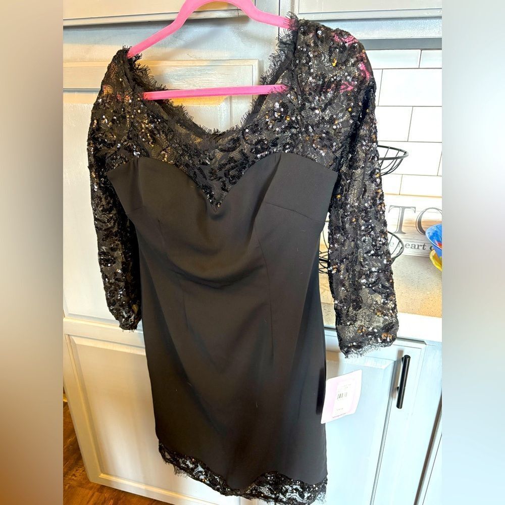Black Sequin Dress with Lace and Sequin Detail by JS collection, NWT, size 12